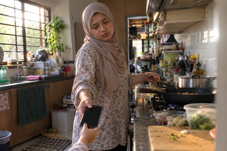 Ibu sedang memasak sambil menghulur telefon kepada anak